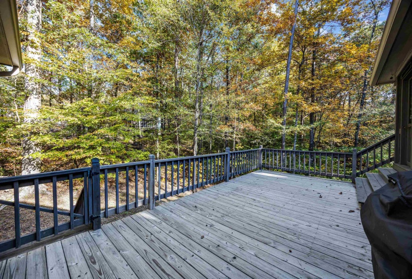 Deck with view of wooded area and area for grilling