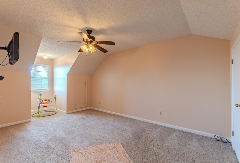 Bonus room featuring carpet flooring, vaulted ceiling, a textured ceiling, and a ceiling fan