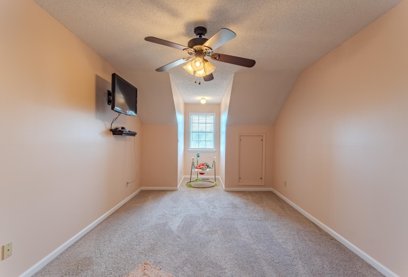 Bonus room featuring a textured ceiling, carpet, and ceiling fan