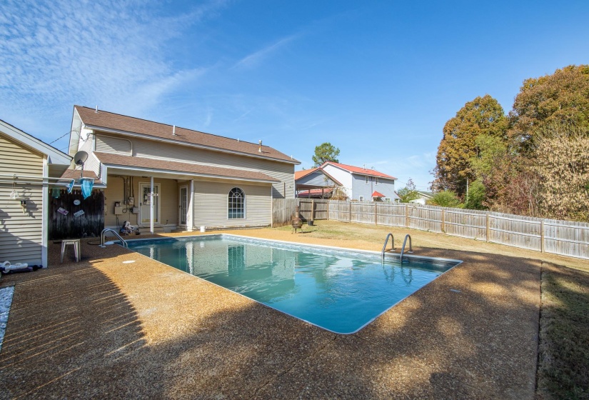 View of swimming pool with a patio and a fenced backyard