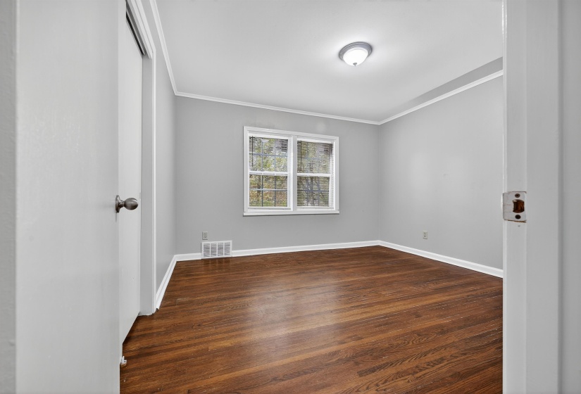 Spare room with crown molding and dark wood-style flooring