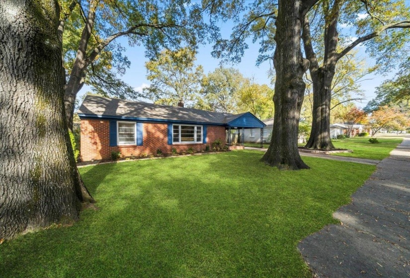 Ranch-style home with a front lawn, brick siding, and a chimney