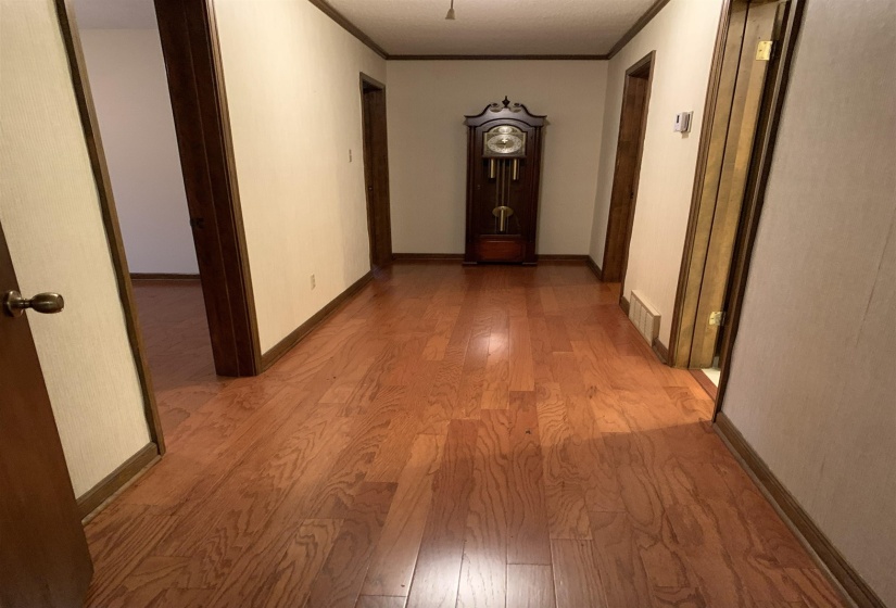 Hall featuring light wood finished floors and ornamental molding