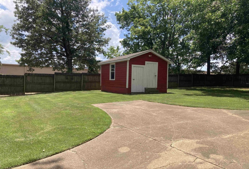 View of shed featuring a fenced backyard