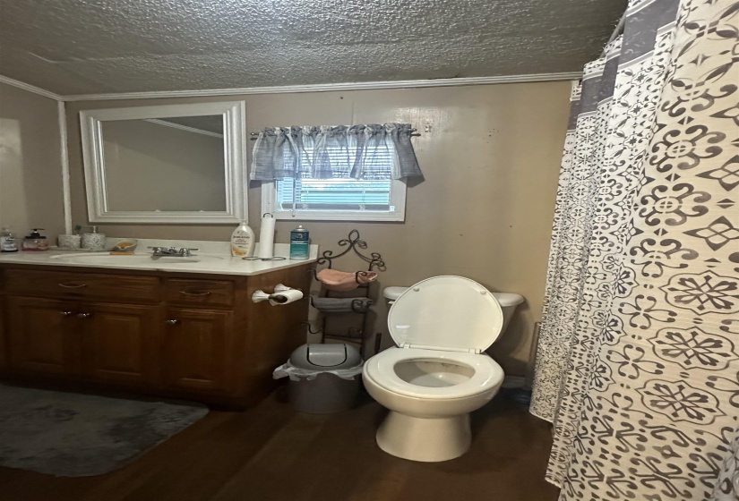 Full bathroom featuring a textured ceiling, dark wood-style flooring, a shower with shower curtain, crown molding, and vanity