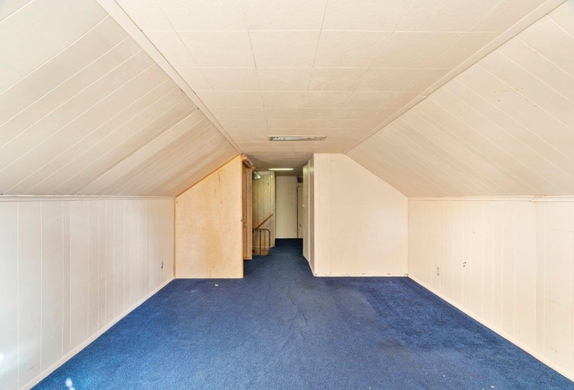 Additional living space featuring dark colored carpet, wood walls, and vaulted ceiling