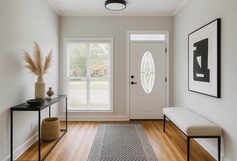 Entryway featuring wood finished floors and ornamental molding
