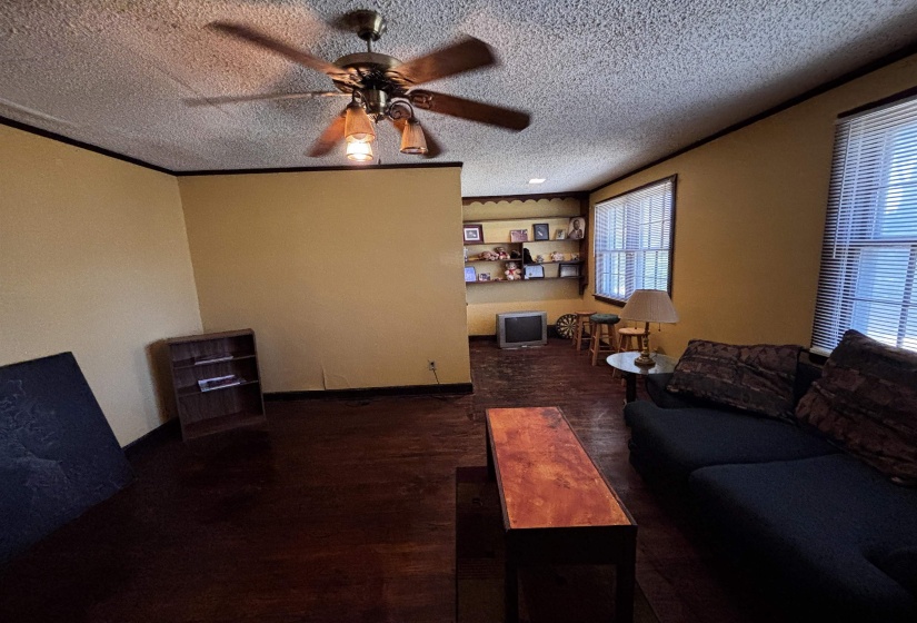 Living area featuring ornamental molding, dark wood-type flooring, a ceiling fan, and a textured ceiling