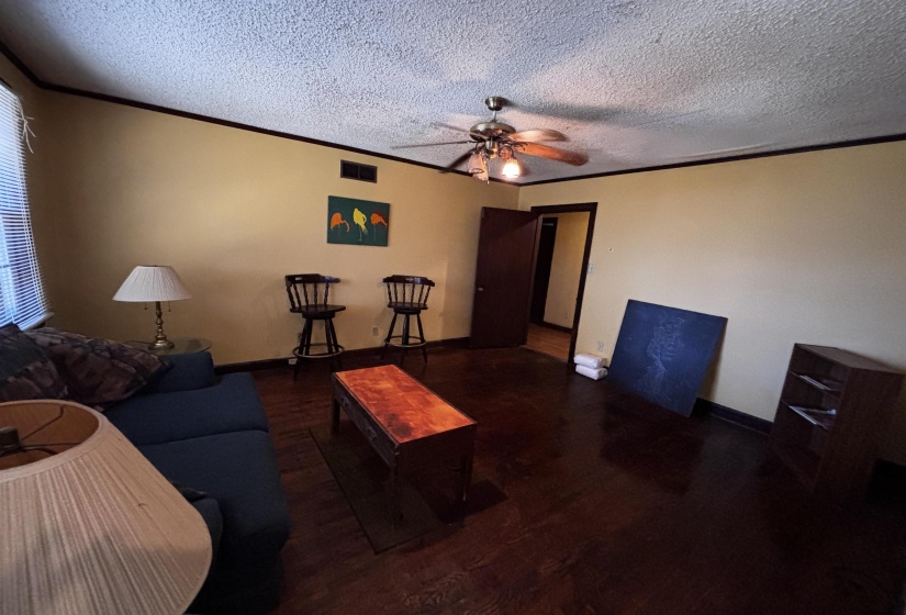 Living room with ornamental molding, dark wood-type flooring, a ceiling fan, and a textured ceiling