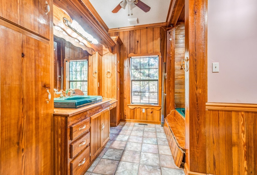 Bathroom featuring wooden walls, healthy amount of natural light, vanity, crown molding, and a ceiling fan