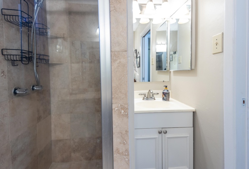 There is a large counter space for makeup, etc., in this bathroom.