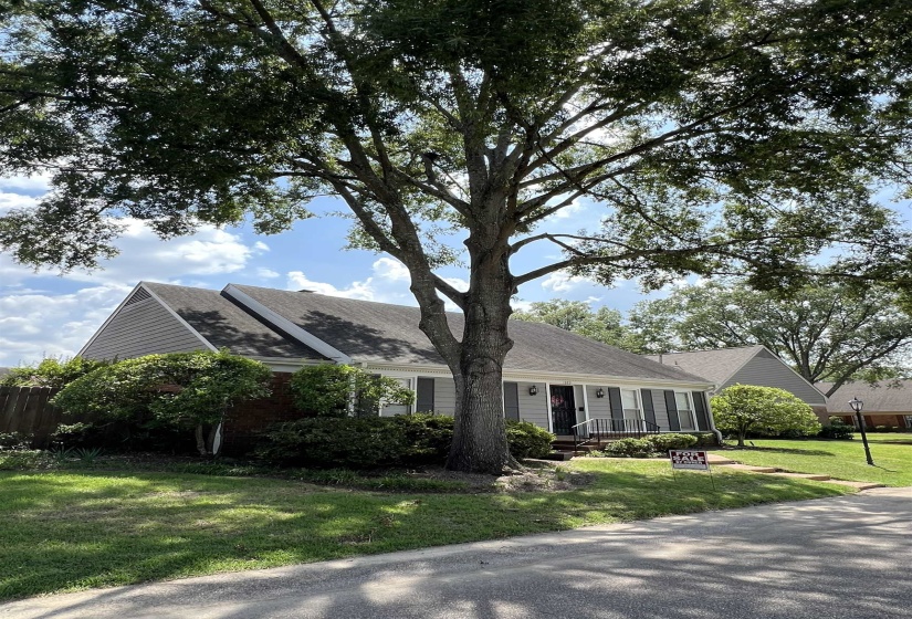 Ranch-style house with a front yard, a porch, and a shingled roof
