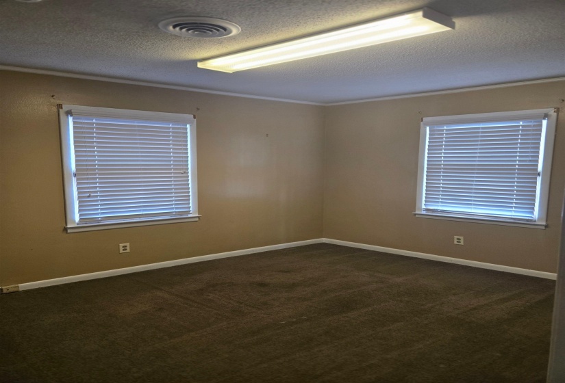 Spare room with dark carpet, a textured ceiling, and crown molding