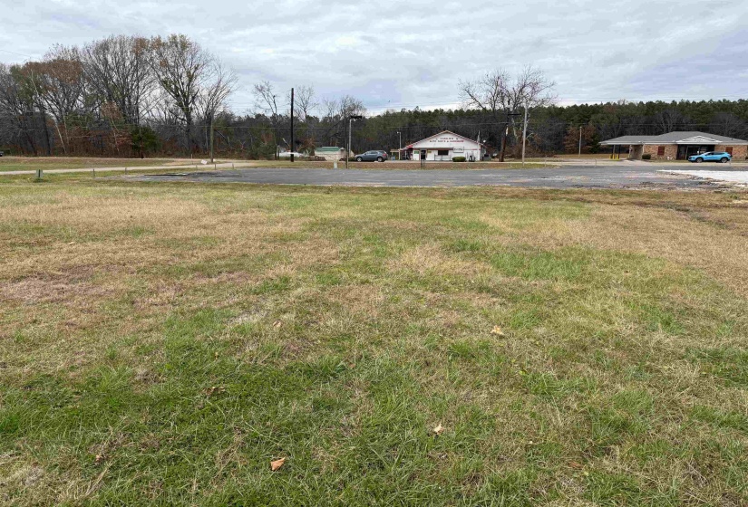 View of green lawn featuring a wooded view