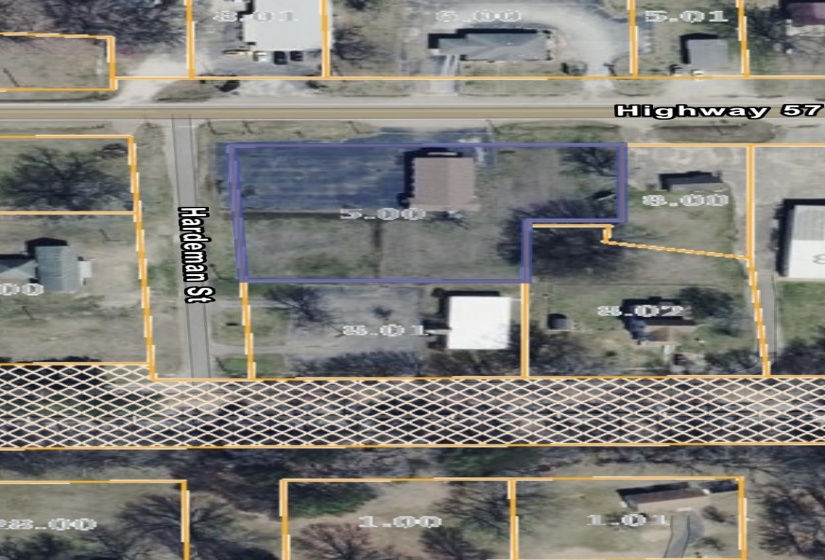 Aerial overview of property's location featuring property boundaries highlighted