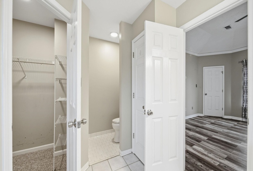 Bathroom with a spacious closet and toilet