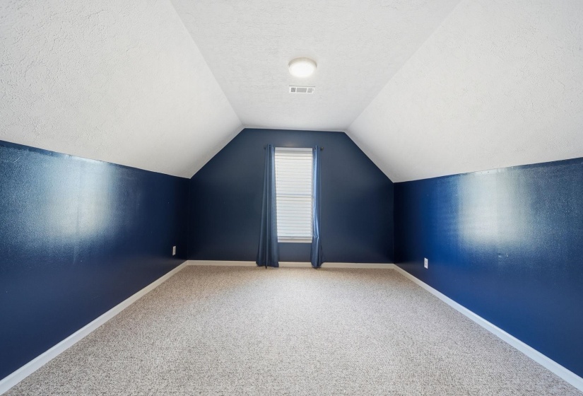 Bonus room with vaulted ceiling, carpet, and a textured ceiling