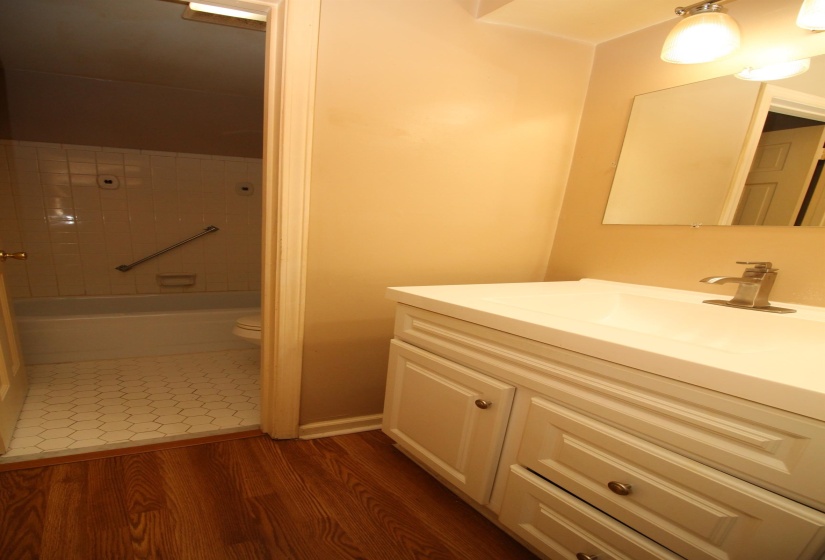 Full bathroom featuring vanity and dark wood-style floors