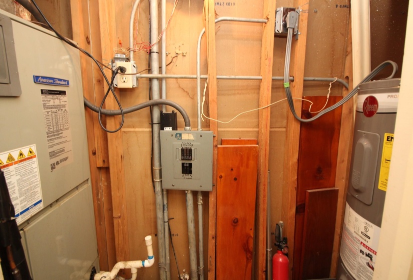 Utilities featuring heating unit, electric water heater, and electric panel