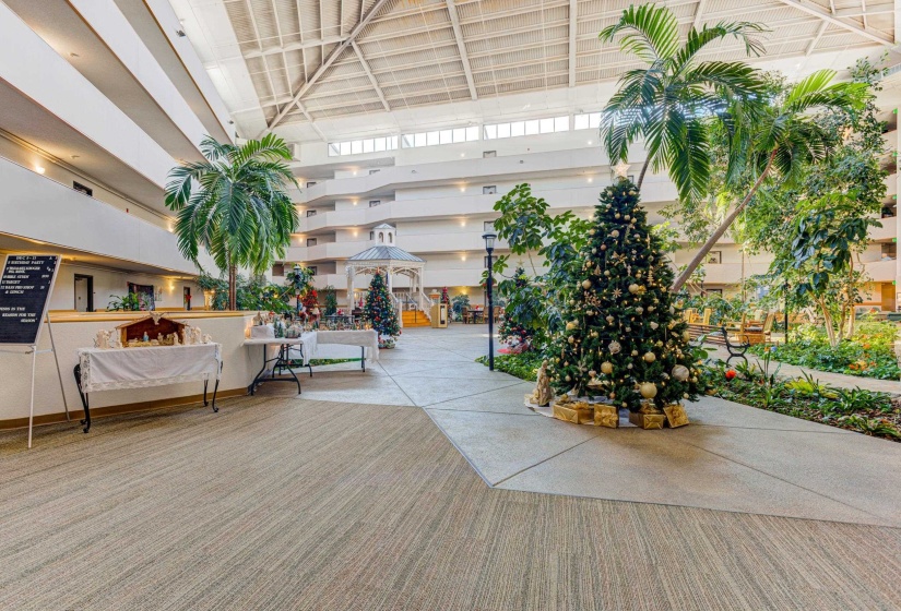 Building lobby with a towering ceiling