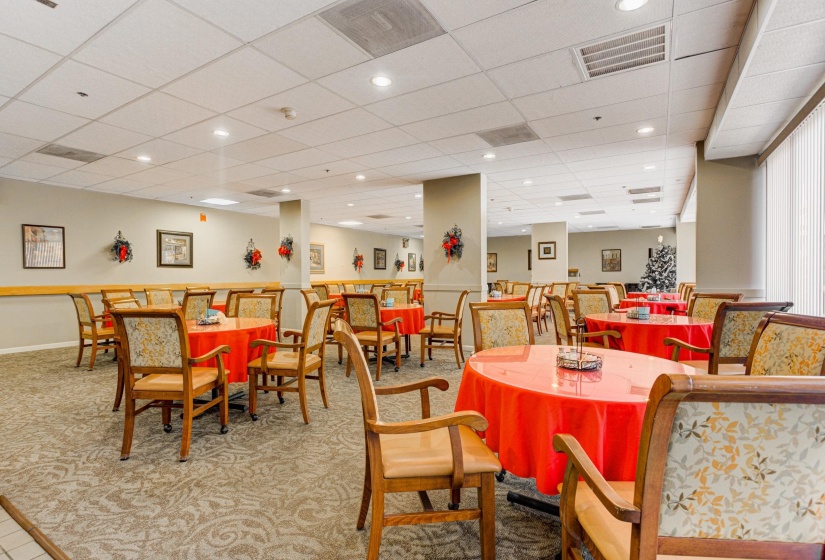 Dining room featuring a drop ceiling, recessed lighting, and light carpet