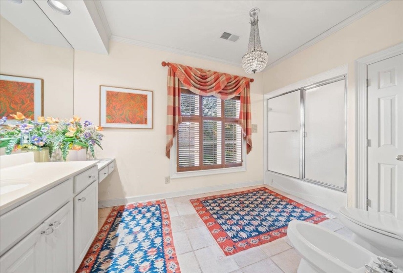 Bathroom featuring ornamental molding, vanity, a bidet, a chandelier, and enclosed tub / shower combo