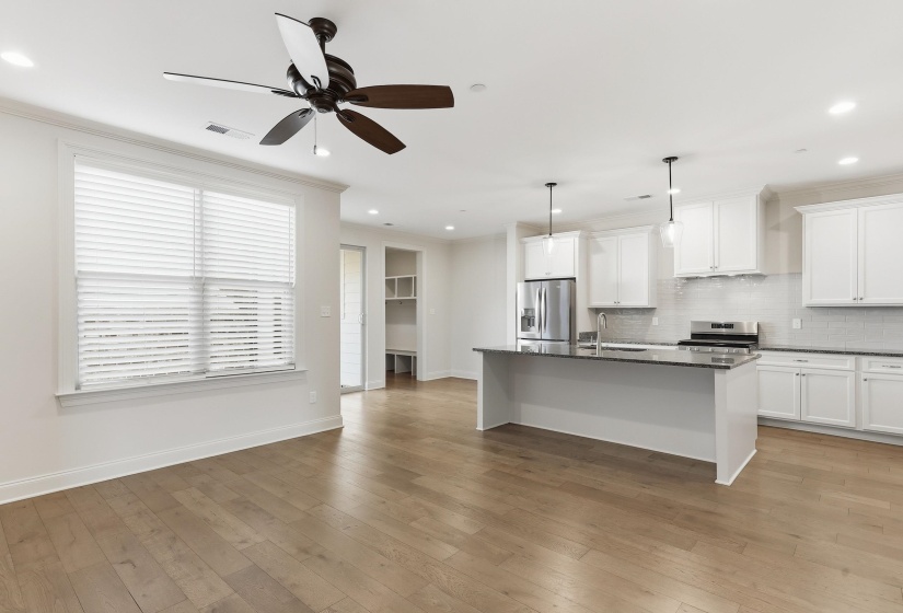 Beautiful open concept kitchen with great living space.