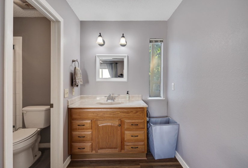 Bathroom featuring vanity and dark wood-type flooring
