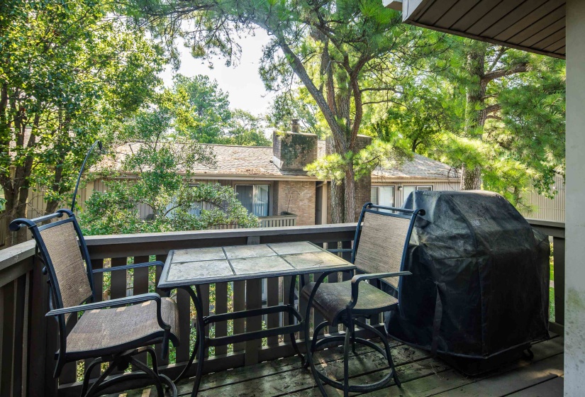 Wooden terrace with grilling area and outdoor dining area
