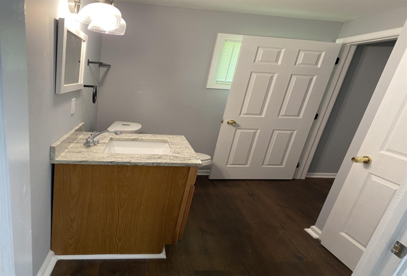 Half bath featuring vanity and dark wood-style flooring