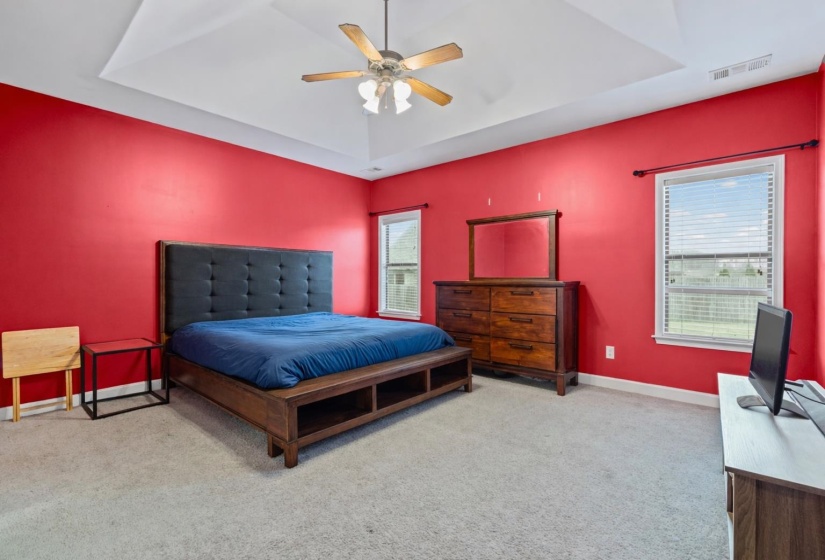 Bedroom featuring a tray ceiling, ceiling fan, and carpet floors