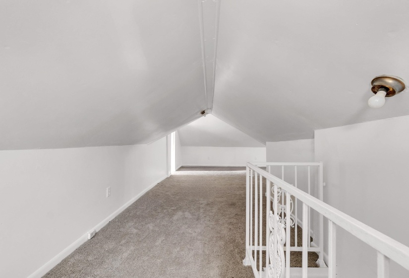 Bonus room with lofted ceiling and light carpet