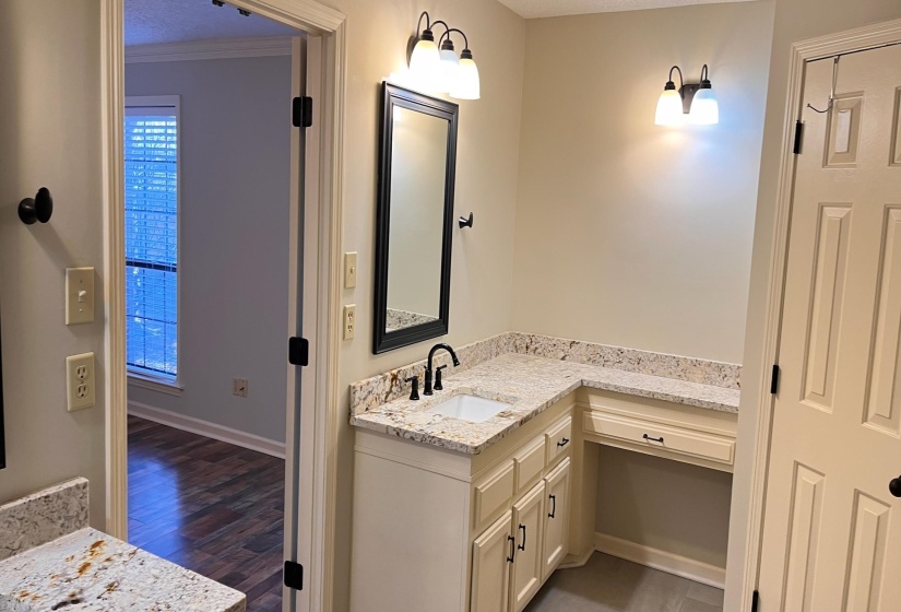 Bathroom with vanity, dark wood finished floors, and crown molding