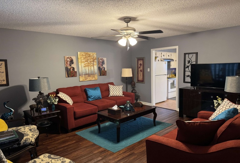 Living room featuring wood finished floors, ceiling fan, and a textured ceiling. Two inch wood blinds throughout