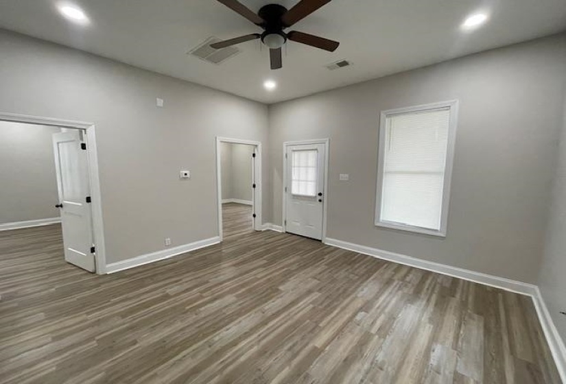 Entryway featuring wood finished floors, recessed lighting, and a ceiling fan