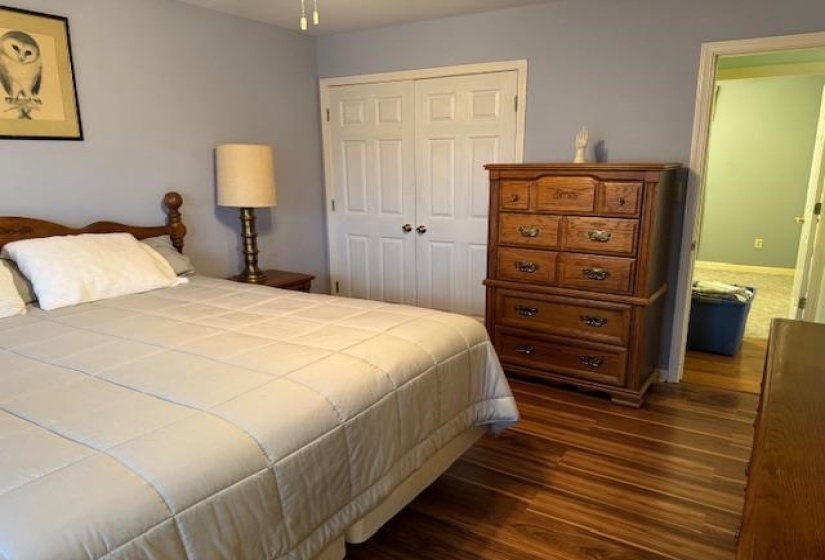 Bedroom with dark wood-style floors and a closet