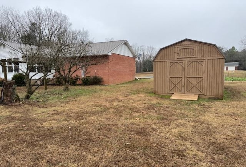 View of grassy yard with a storage unit