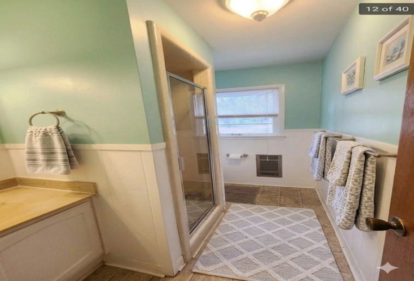 Full bathroom with vanity, heating unit, wainscoting, and a shower stall