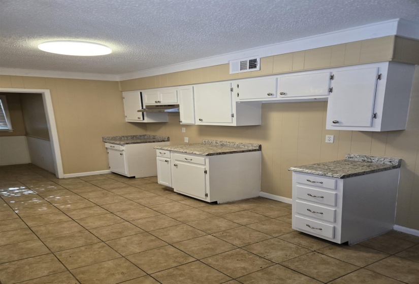 Kitchen featuring under cabinet range hood, visible vents, and white cabinets
