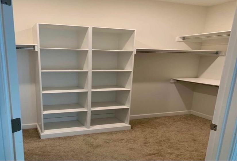 Walk in closet featuring light carpet