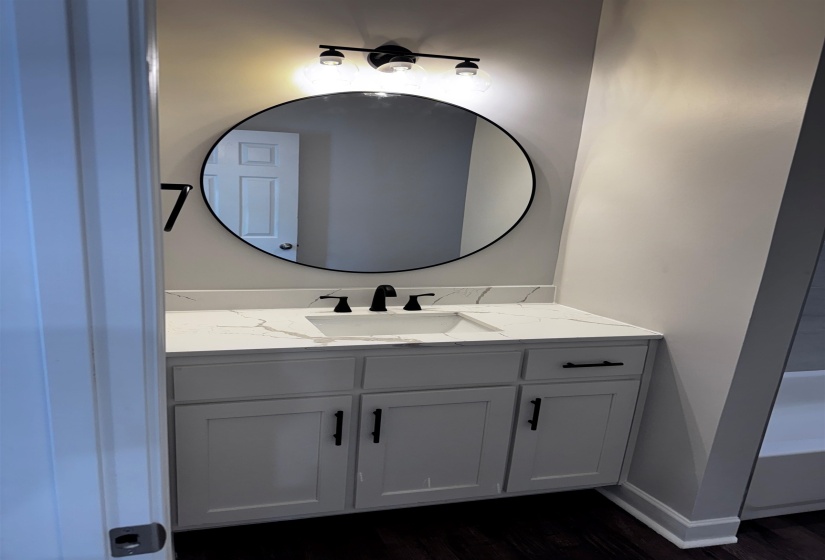 Bathroom featuring vanity, dark wood finished floors, and a bathtub