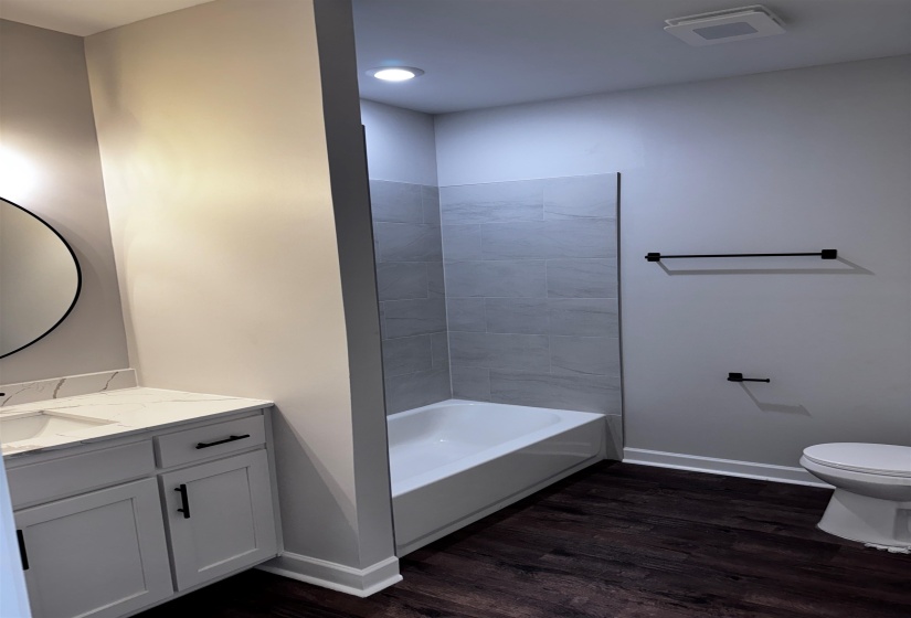 Bathroom with vanity and dark wood-style flooring