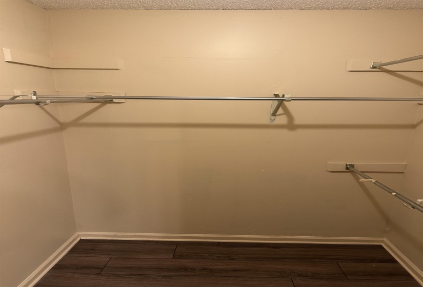 Walk in closet with dark wood-type flooring