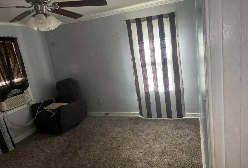 Living area featuring ornamental molding, carpet, a ceiling fan, and cooling unit