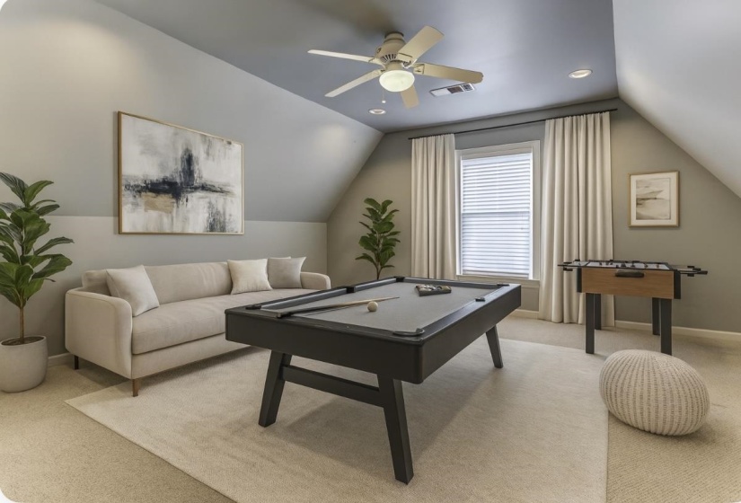 Recreation room featuring carpet flooring, vaulted ceiling, billiards table, ceiling fan, and recessed lighting