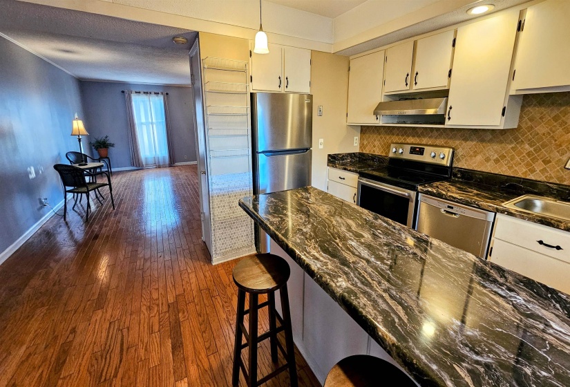 Kitchen with stainless steel appliances, dark stone countertops, pendant lighting, dark wood-type flooring, and decorative backsplash