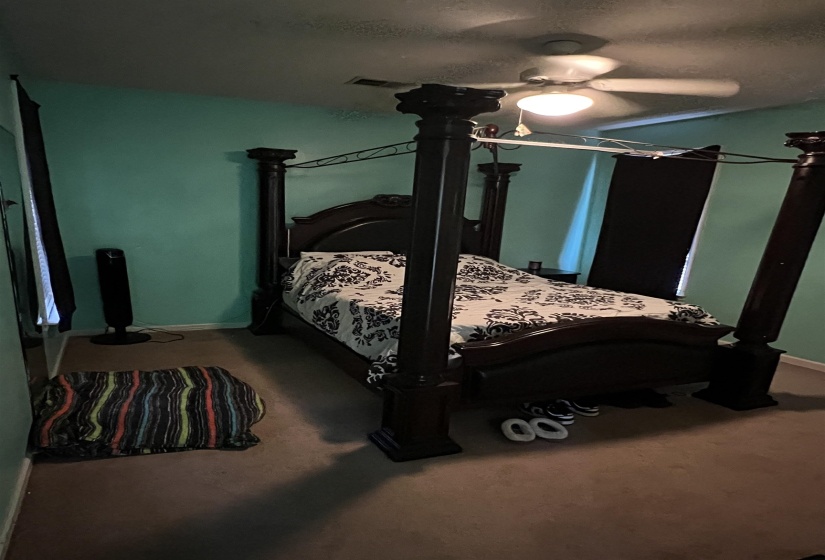Carpeted bedroom with a ceiling fan and baseboards