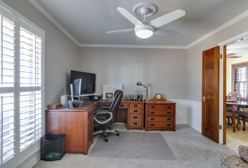 Office space with ornamental molding, light colored carpet, wainscoting, ceiling fan, and a textured ceiling