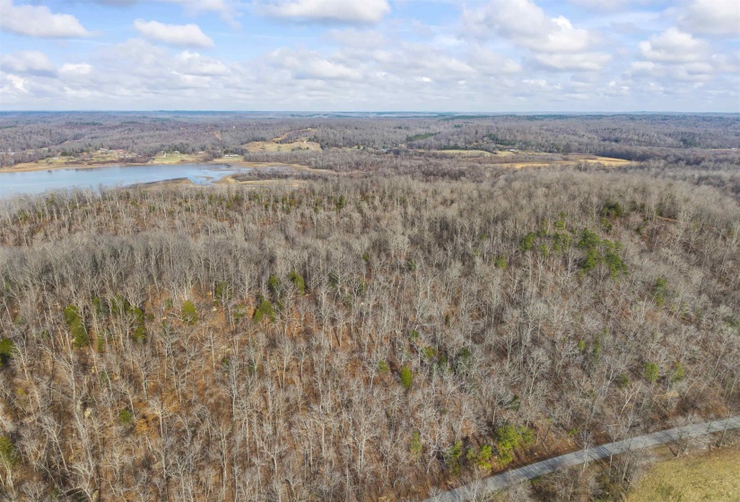 Aerial view of property's location with a heavily wooded area