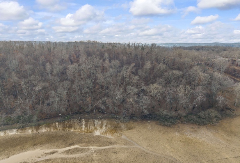 Aerial view of property and surrounding area with a forest